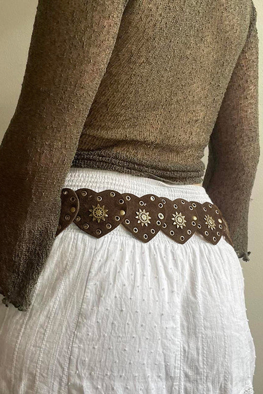 Coffee Bohemian Vintage Bronze Detail Heart Connected PU Belt