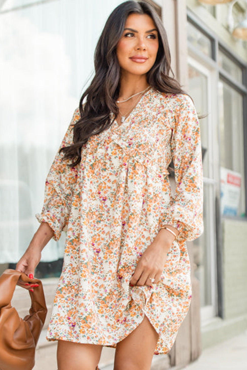 Yellow Boho Floral V Neck Ruffled Empire Waist Long Sleeve Mini Dress