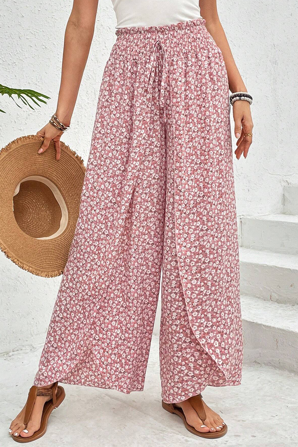 Pink Bohemian Print Slit Wide Leg Smocked High Waist Pants