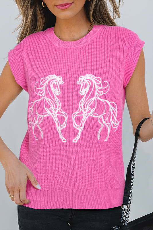 Sachet Pink Western Horse Embroidered Round Neck Sweater Tee