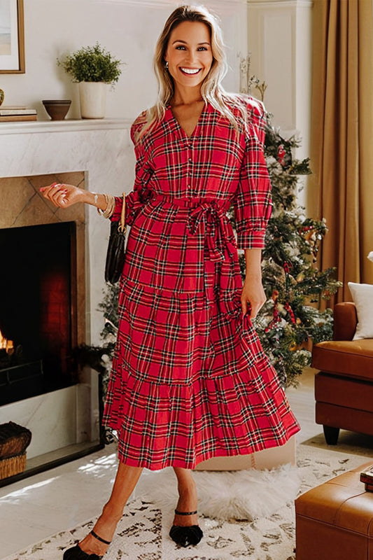Red Christmas Plaid V Neck 3/4 Sleeve Tie Waist Ruffle Hem Long Dress