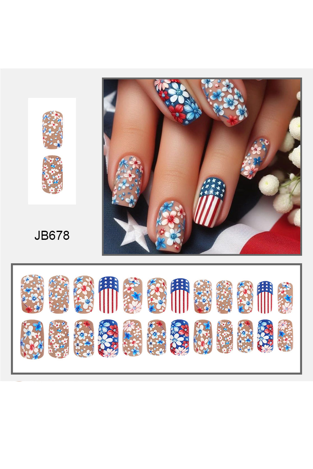 Sky Blue American Flag Flower Print Square False Nails