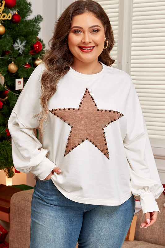 Beige Star Shape Studded Crew Neck Plus Size Long Sleeve Top