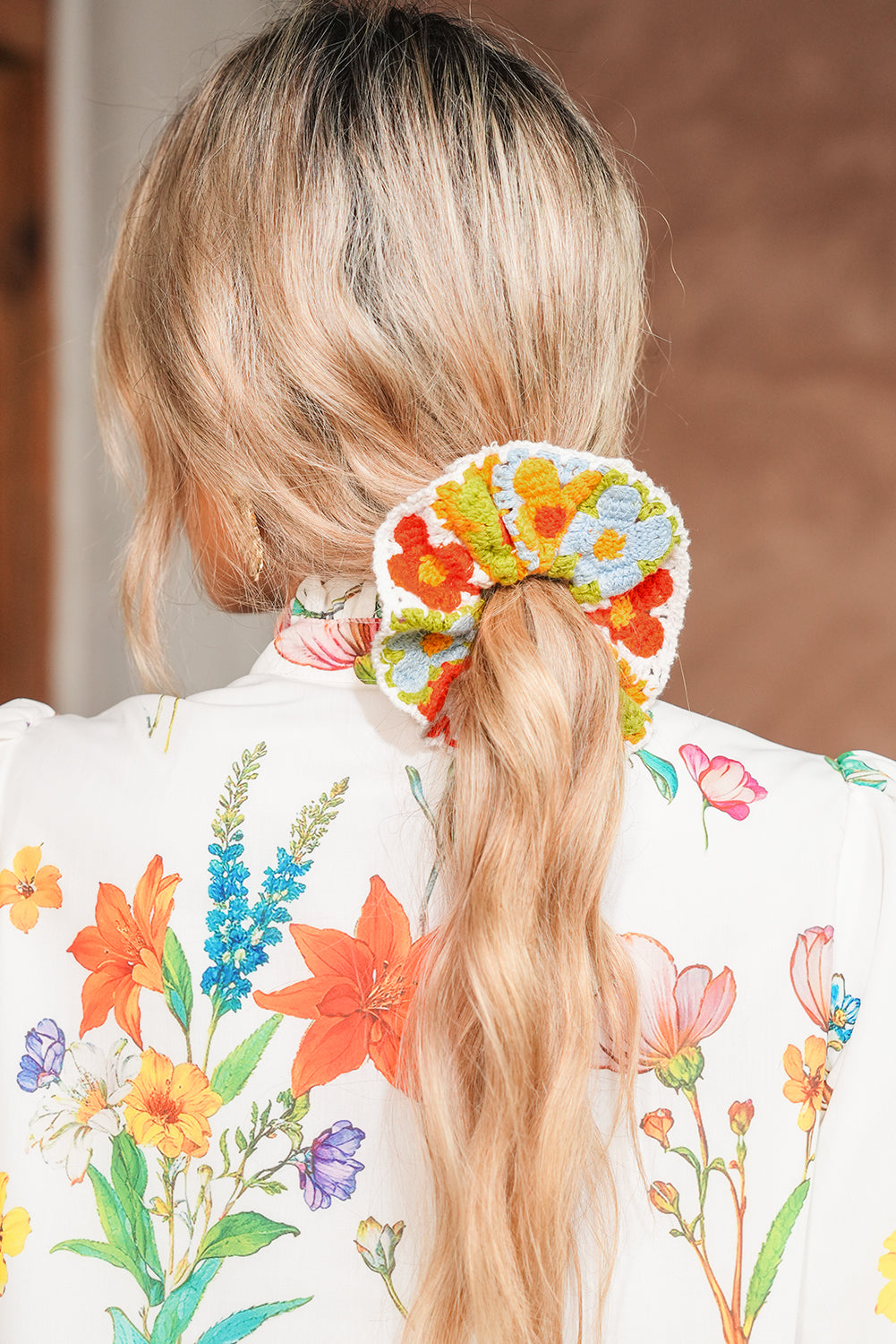 Yellow Bohemian Style Flower Crochet Scrunchy Hair Tie