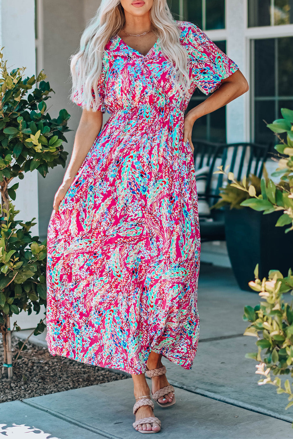 Wrap V Neck Floral Maxi Dress