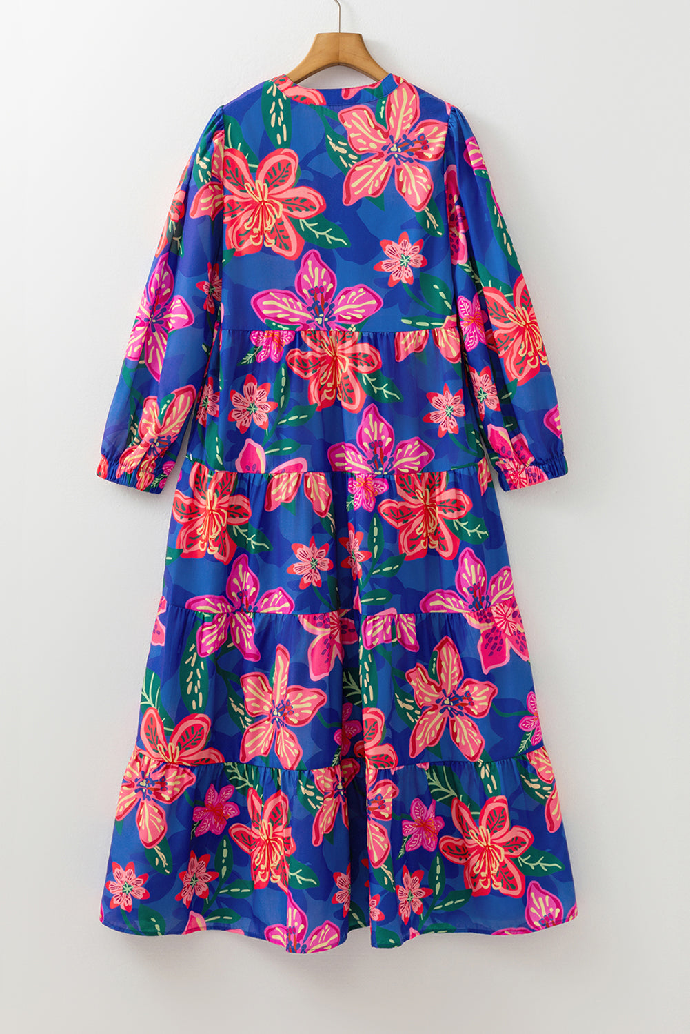 Blue Floral Print 3/4 Sleeve V Neck Tiered Long Dress