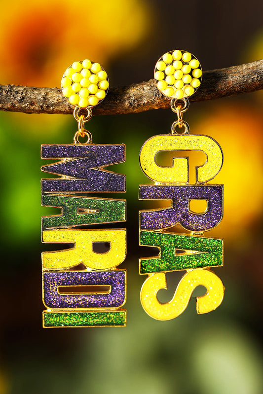 Yellow MARDI GRAS Shiny Letter Pendant Earrings