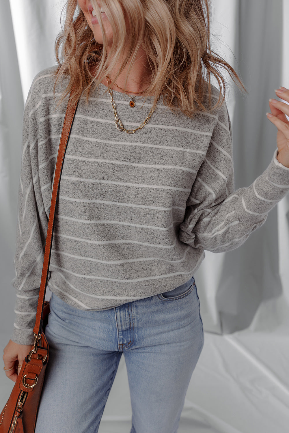 Gray Stripe Dolman Sleeve Drop Shoulder Top