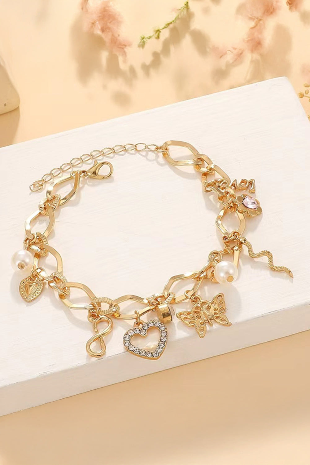 Gold Heart Butterfly Pearl Charm Plated Alloy Bracelet