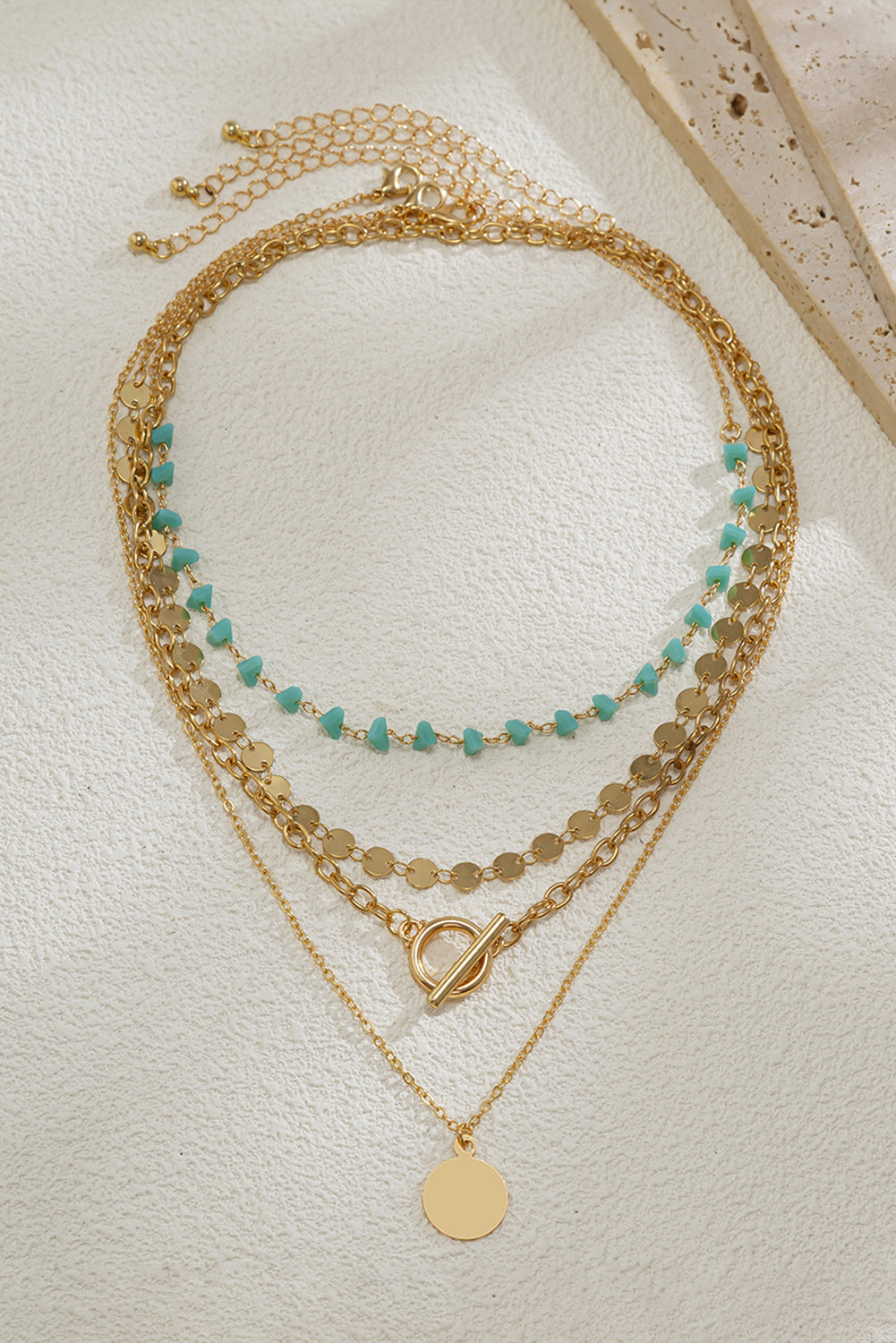 Gold Plated Toggle Disc Detail Turquoise Heart Beads 4pcs Necklace Set