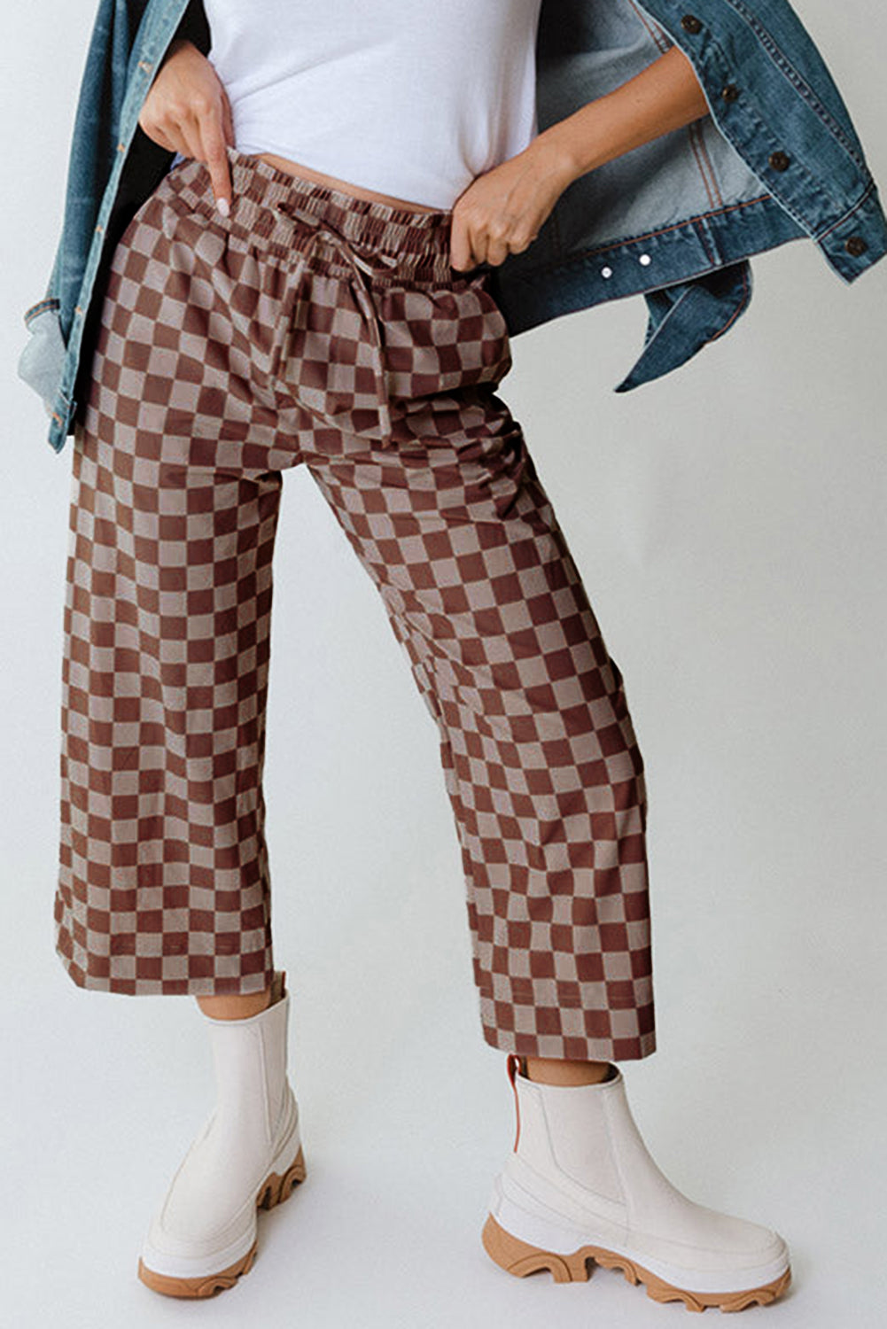 Khaki Checkered Elastic High Waist Loose Casual Pants