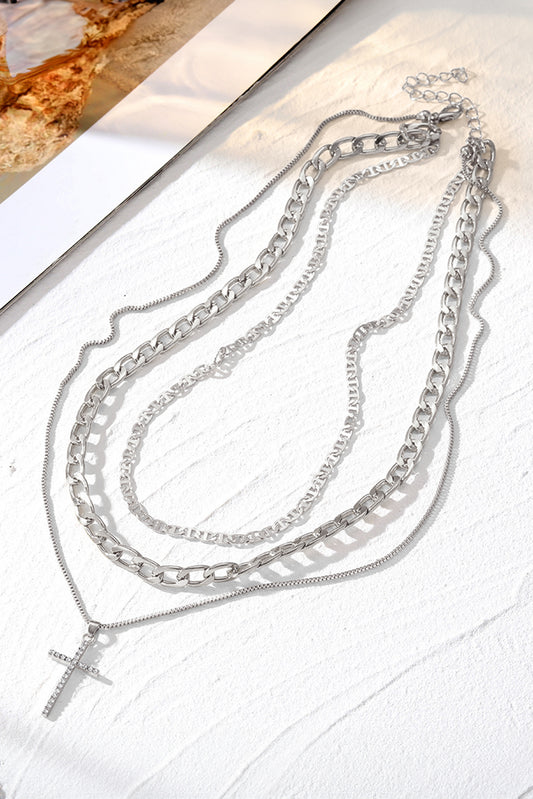 Silvery Plated Cross Pendant Multi Layer Stacked Chains Necklace