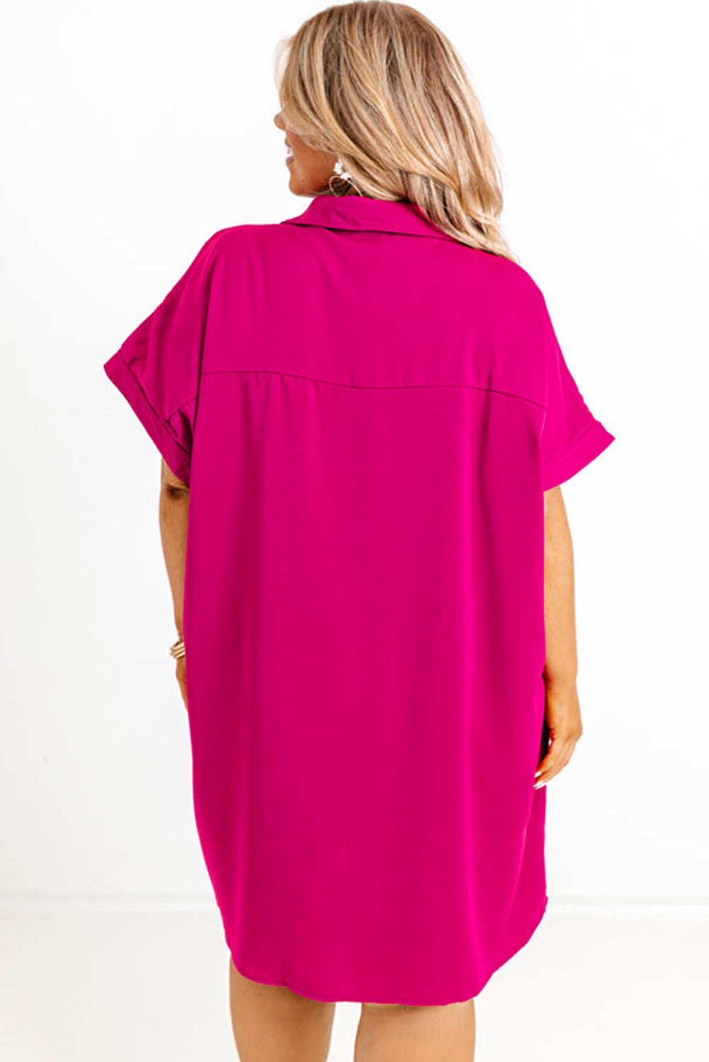 Bright Pink Collared V Neck Short Sleeve Shift Plus Size Dress