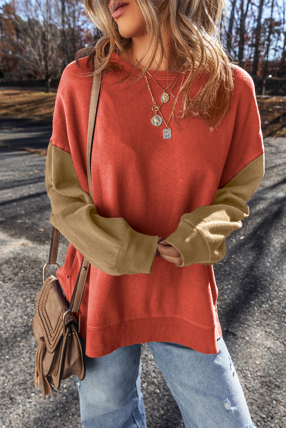 Gold Flame Two Tone Patchwork Drop Shoulder Pullover Sweatshirt