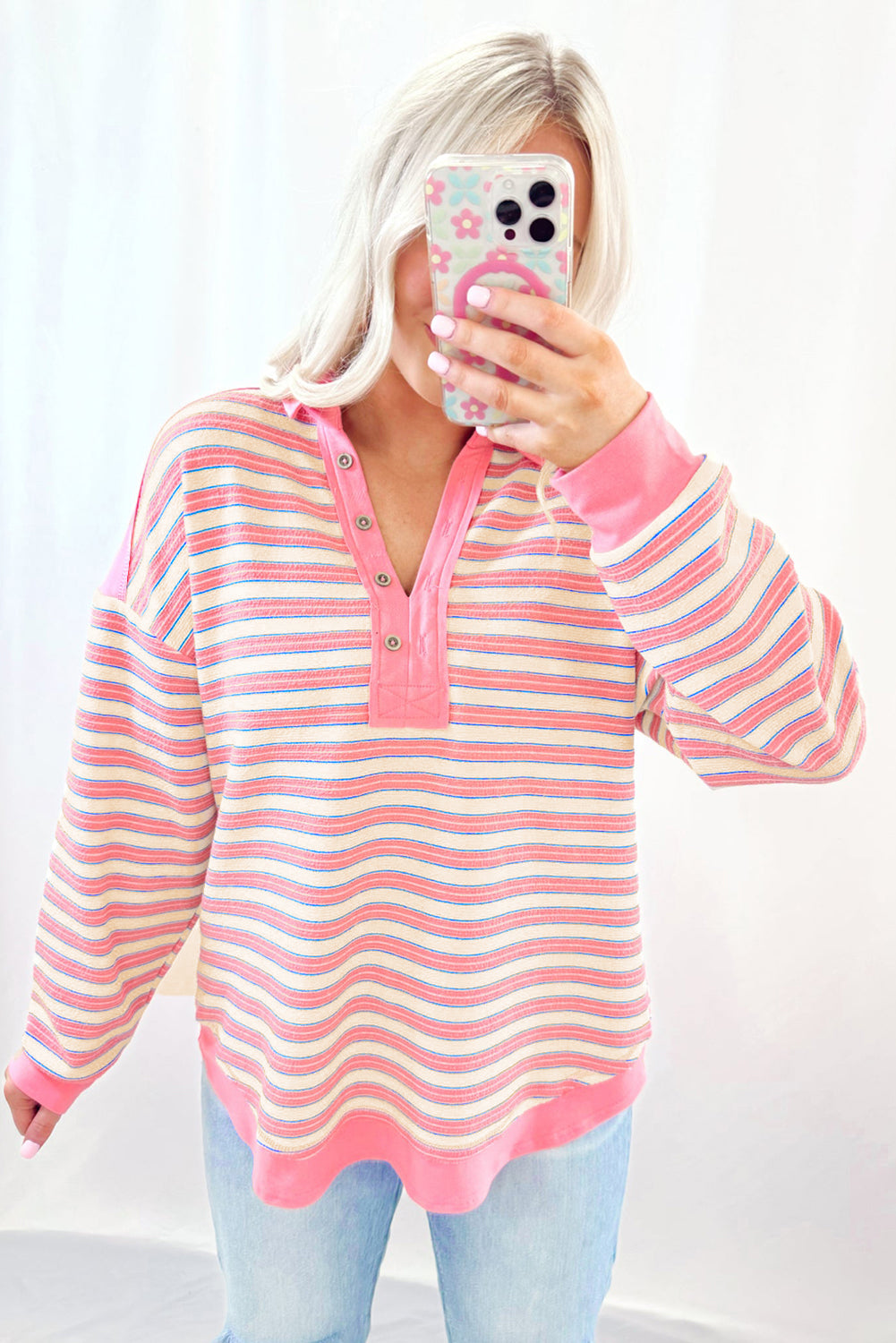 Pink Stripe Buttoned V Neck Collared Drop Shoulder Top