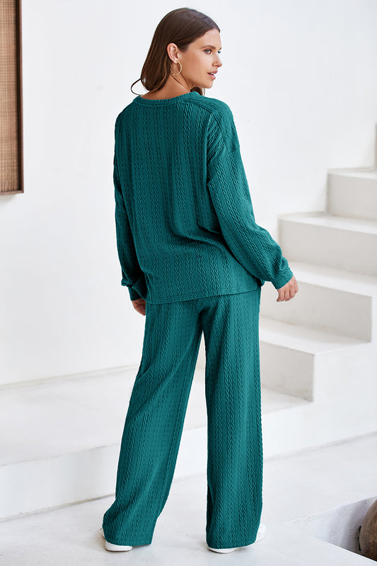 Sea Green Textured Round Neck Sweatshirt & Loose Drawstring High Waist Pant Set