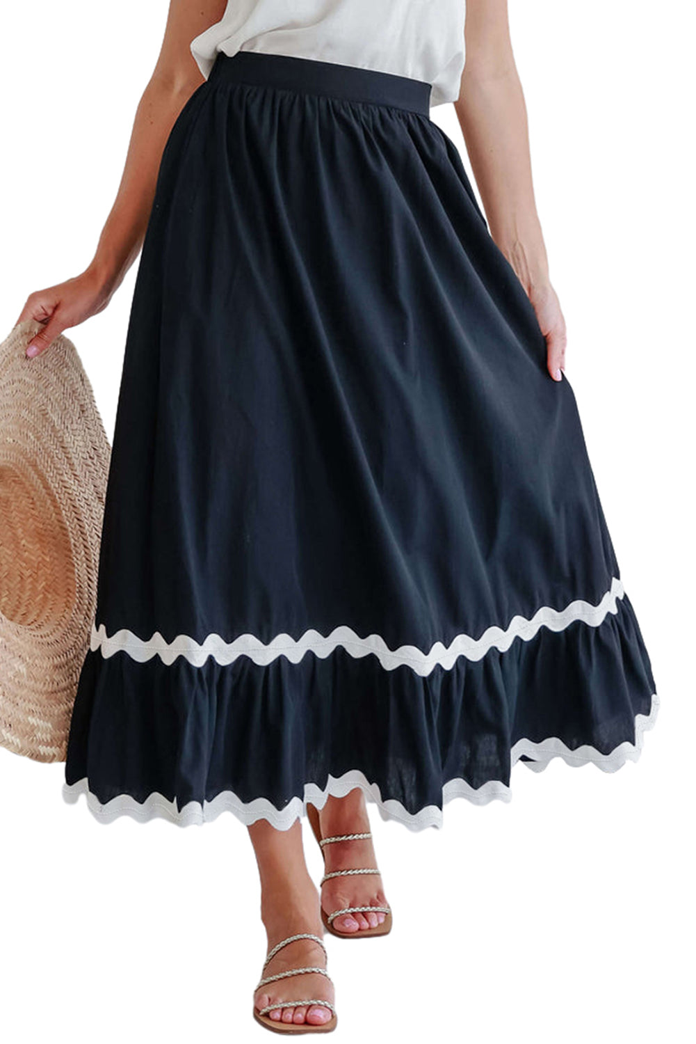 Black Ricrac Trim Colorblock High Waist Long Skirt