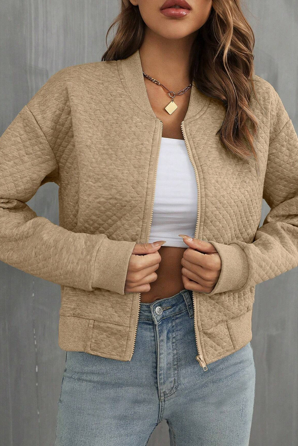 Pale Khaki Solid Geometric Textured Baseball Collar Jacket