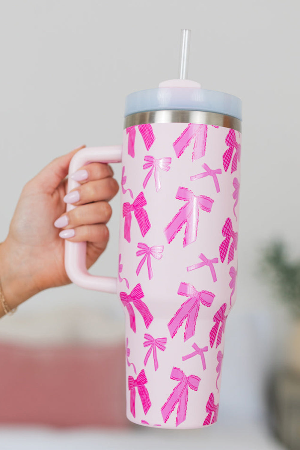 Pink Cute Bowknot Printed Tumbler with Handle 40oz