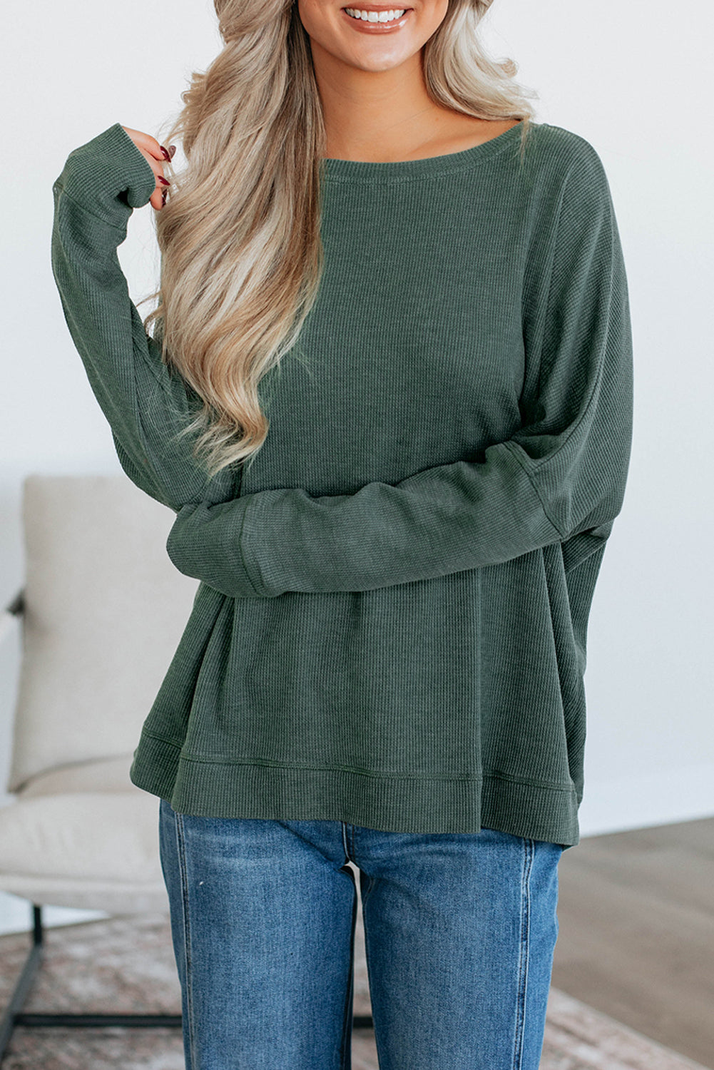 Mist Green Waffle Knit Patchwork Long Sleeve Loose Top
