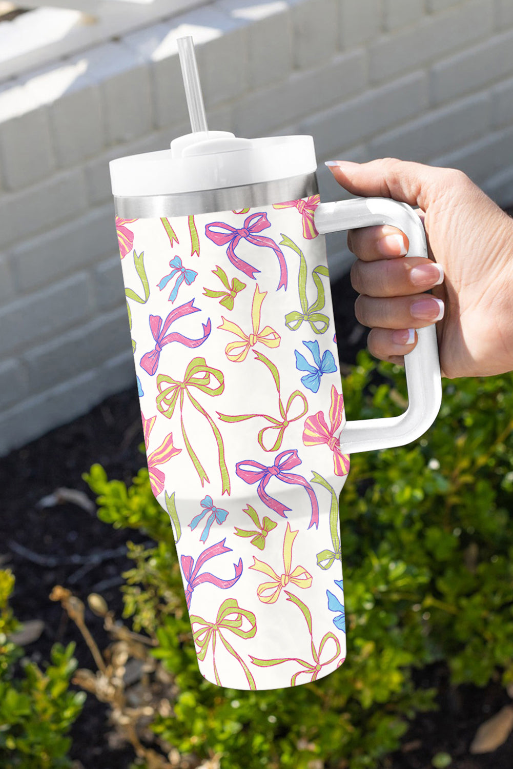 White Bow Knot Print Large Stainless Steel Vacuum Cup 40oz