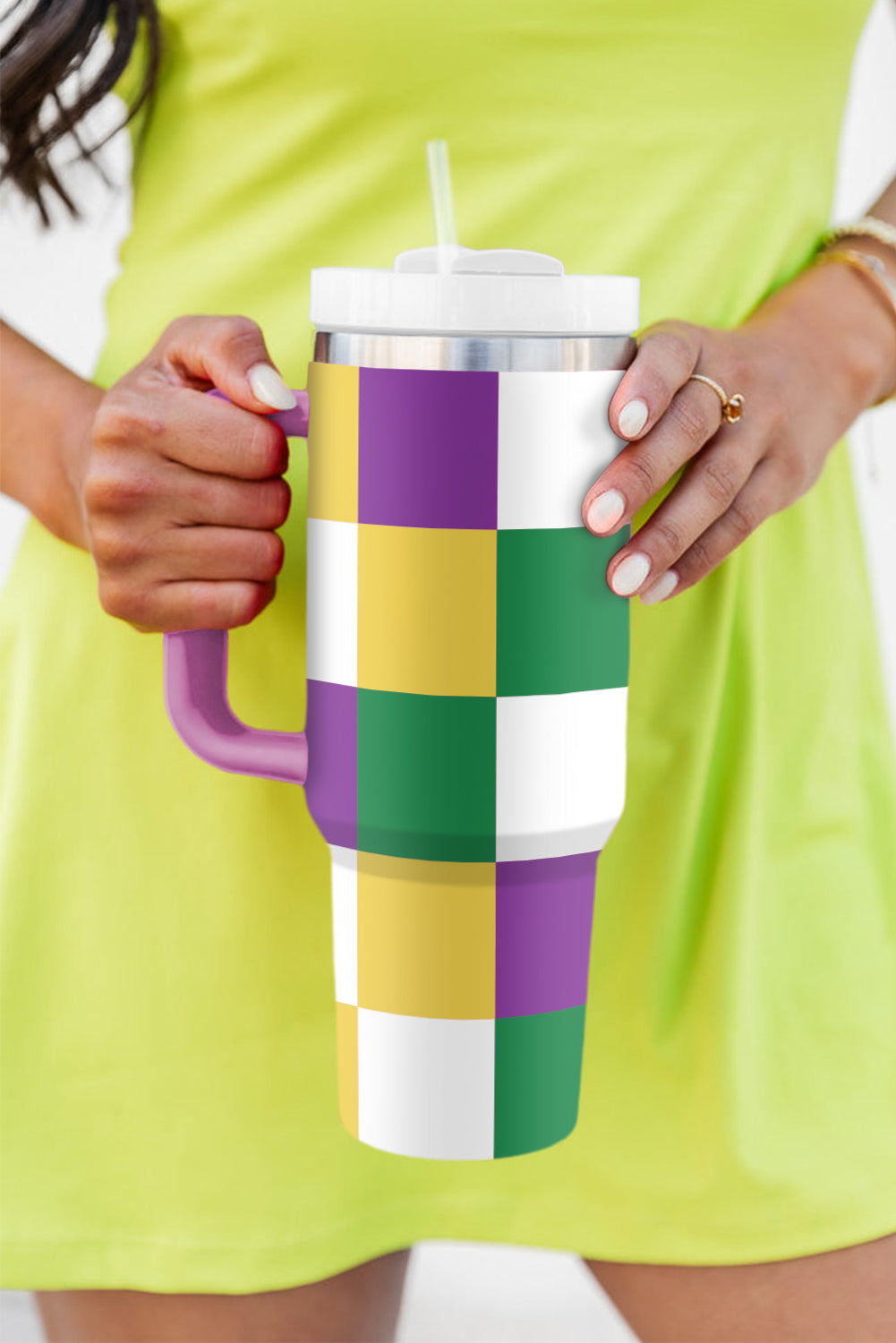 Tillandsia Purple Mardi Gras Checkered Print Handle Large Tumbler 40oz