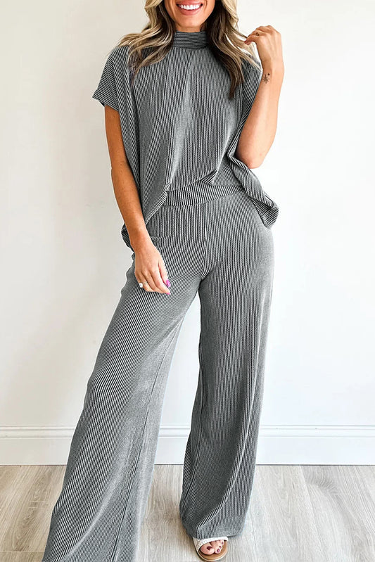 Dark Grey Twisted Ribbed High Neck Loose Tee Elastic High Waist Loose Pant Set
