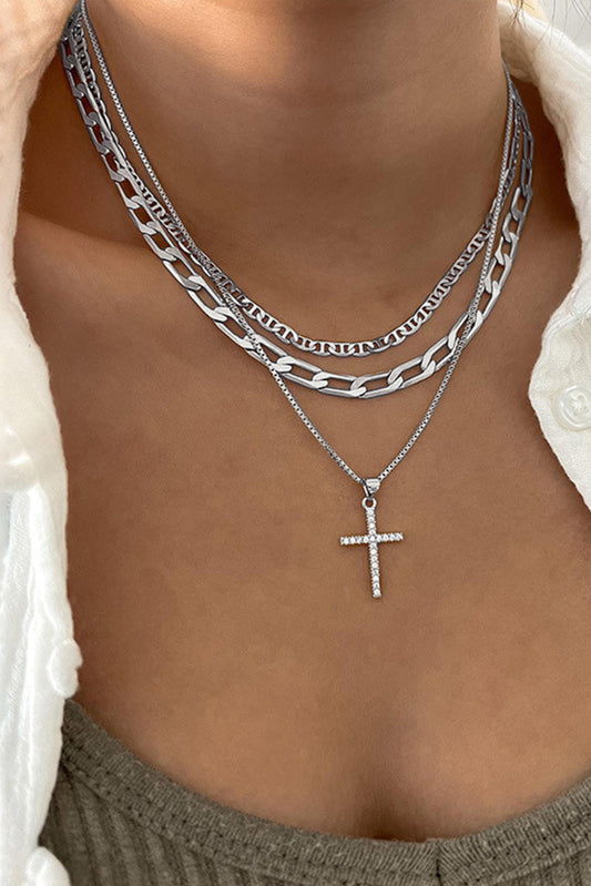 Silvery Plated Cross Pendant Multi Layer Stacked Chains Necklace