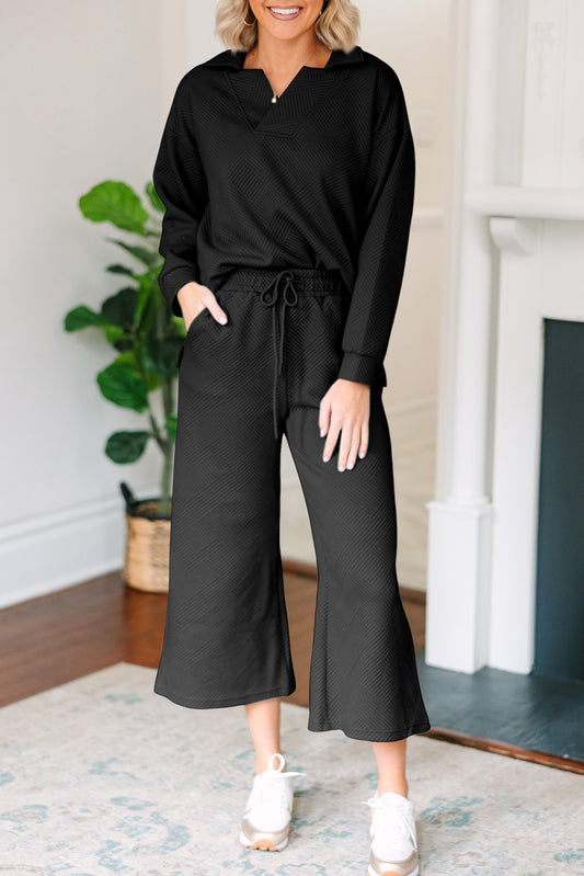 Black Solid Textured Collared V Neck Top and Wide Leg Pants Set