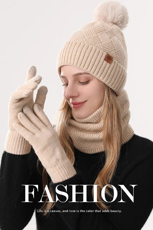 White Fleece Liner Beanie Hat Scarf and Gloves 3pcs Winter Set