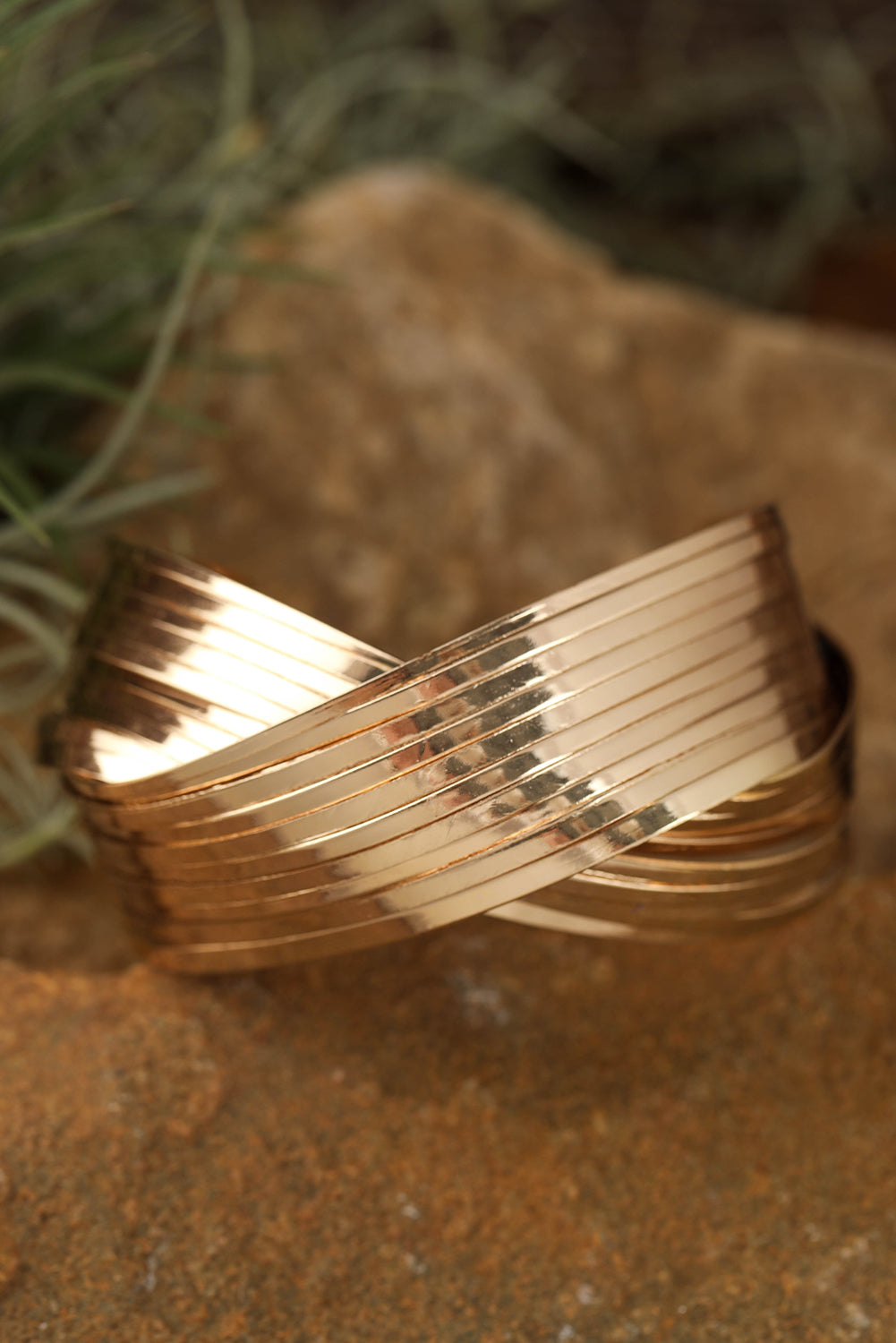 Gold Textured Crossover Metal Cuff Bracelet