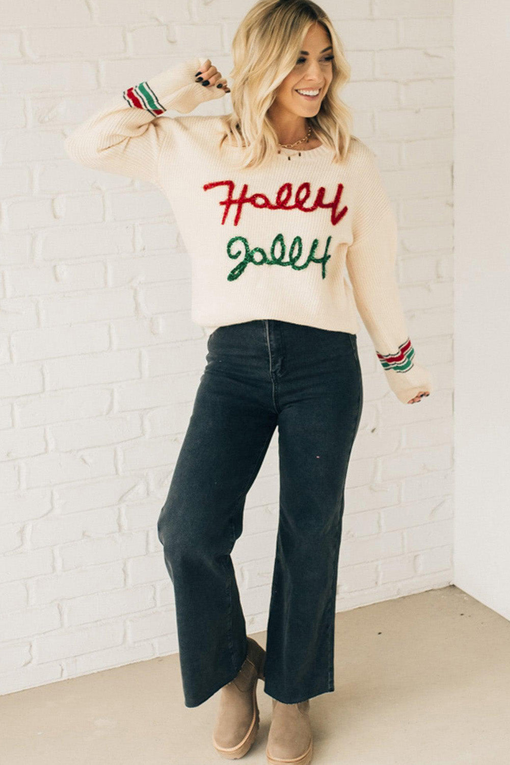 Beige Tinsel Holly Jolly Graphic Classic Sweater