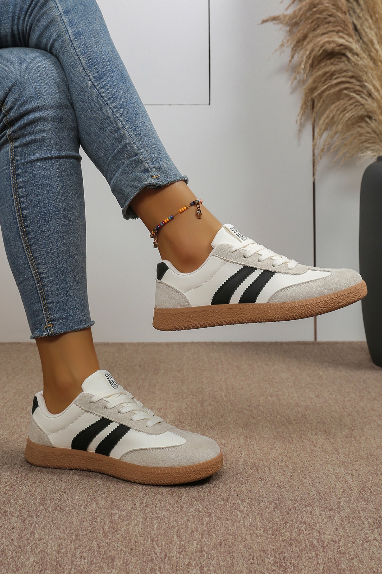 White Varsity Color Block Patchwork PU Leather Lace Up Shoes