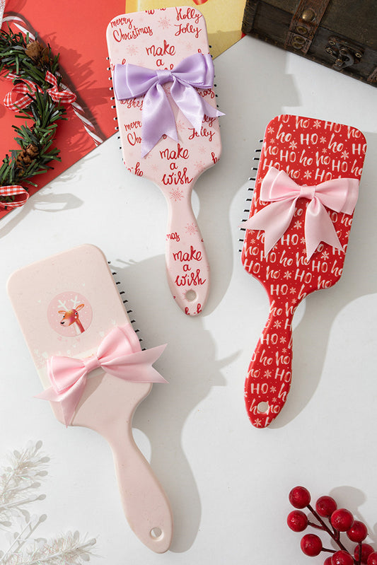 Pink Christmas Letter Print Ribbon Bow Decor Scalp Massage Comb