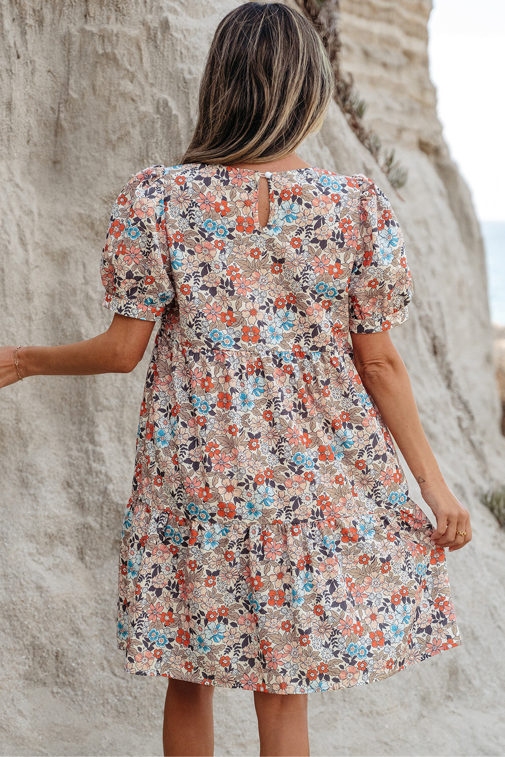 Apricot Bohemian Floral Print Short Puff Sleeve Mini Dress