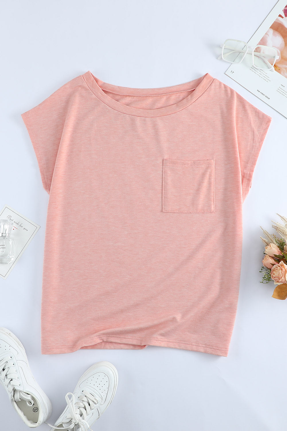 Pink Pocketed Tee with Side Slits