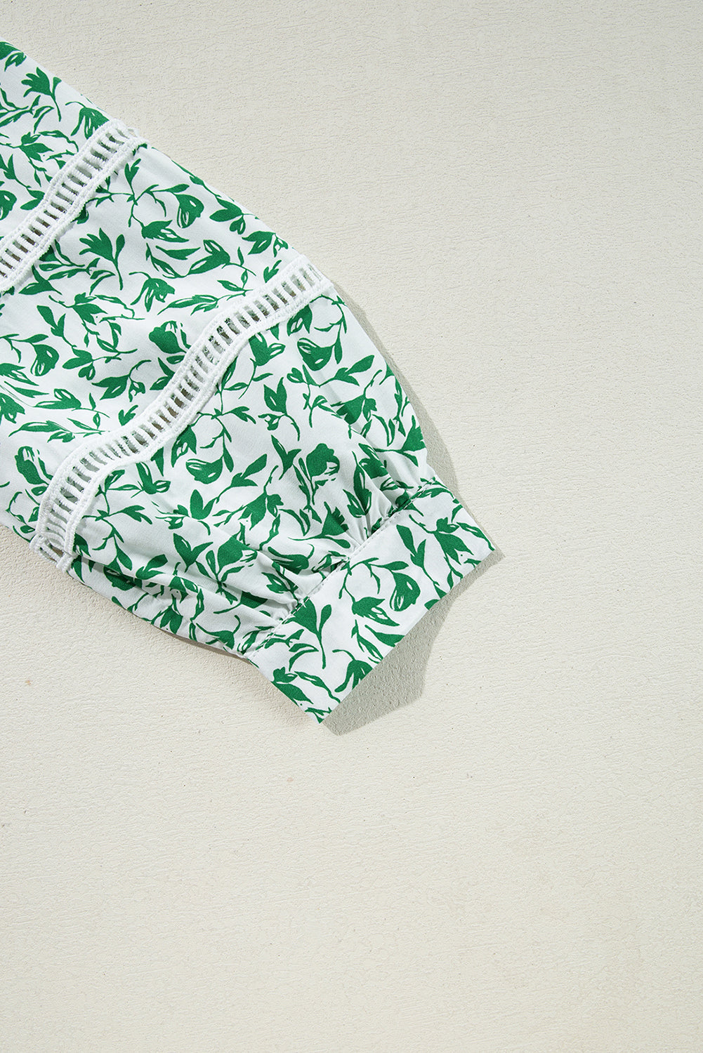 Green Printed Lace Detail Floral Puff Sleeve Fall Shirt