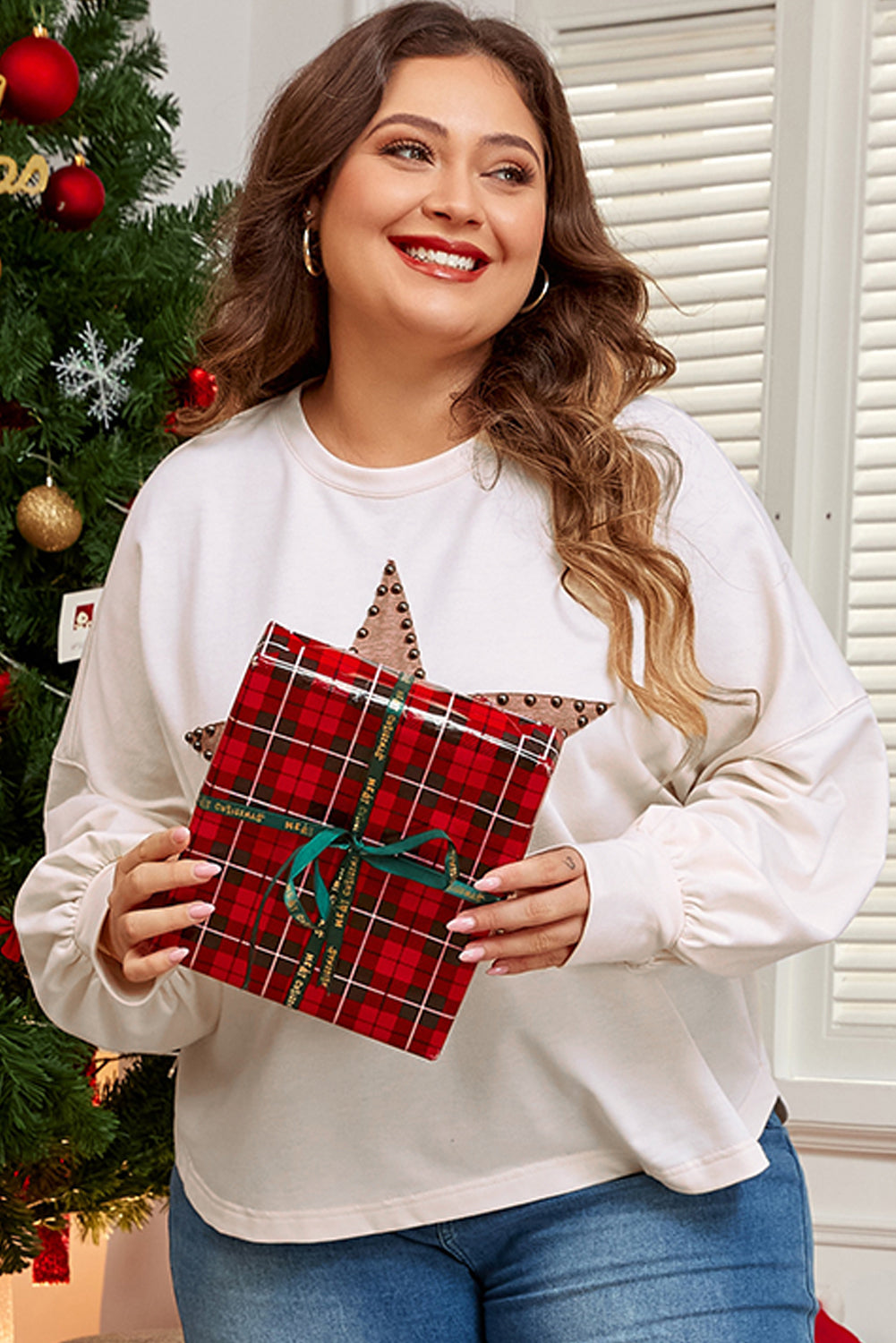 Beige Star Shape Studded Crew Neck Plus Size Long Sleeve Top