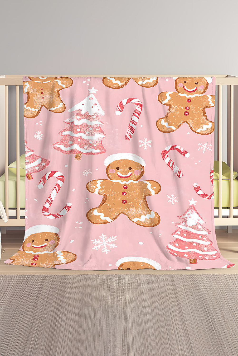Pink Gingerbread Man Candy Cane Christmas Tree Print Plush Blanket