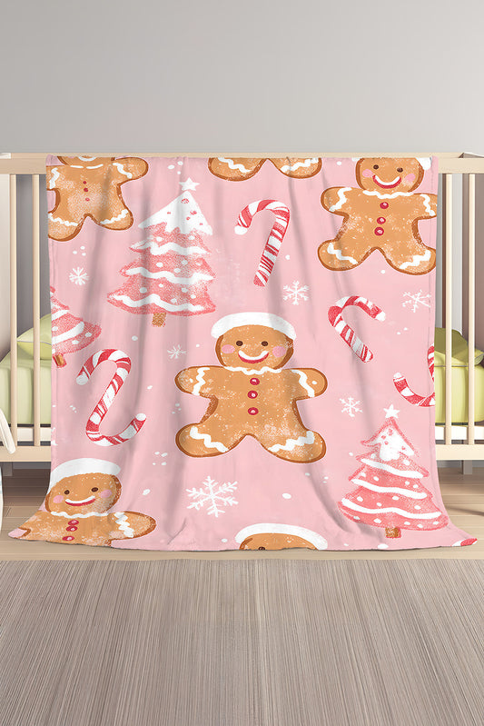 Pink Gingerbread Man Candy Cane Christmas Tree Print Plush Blanket