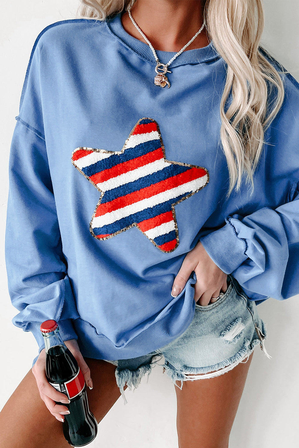 Sky Blue Sequin Trim Embroidered Star USA Pattern Sweatshirt