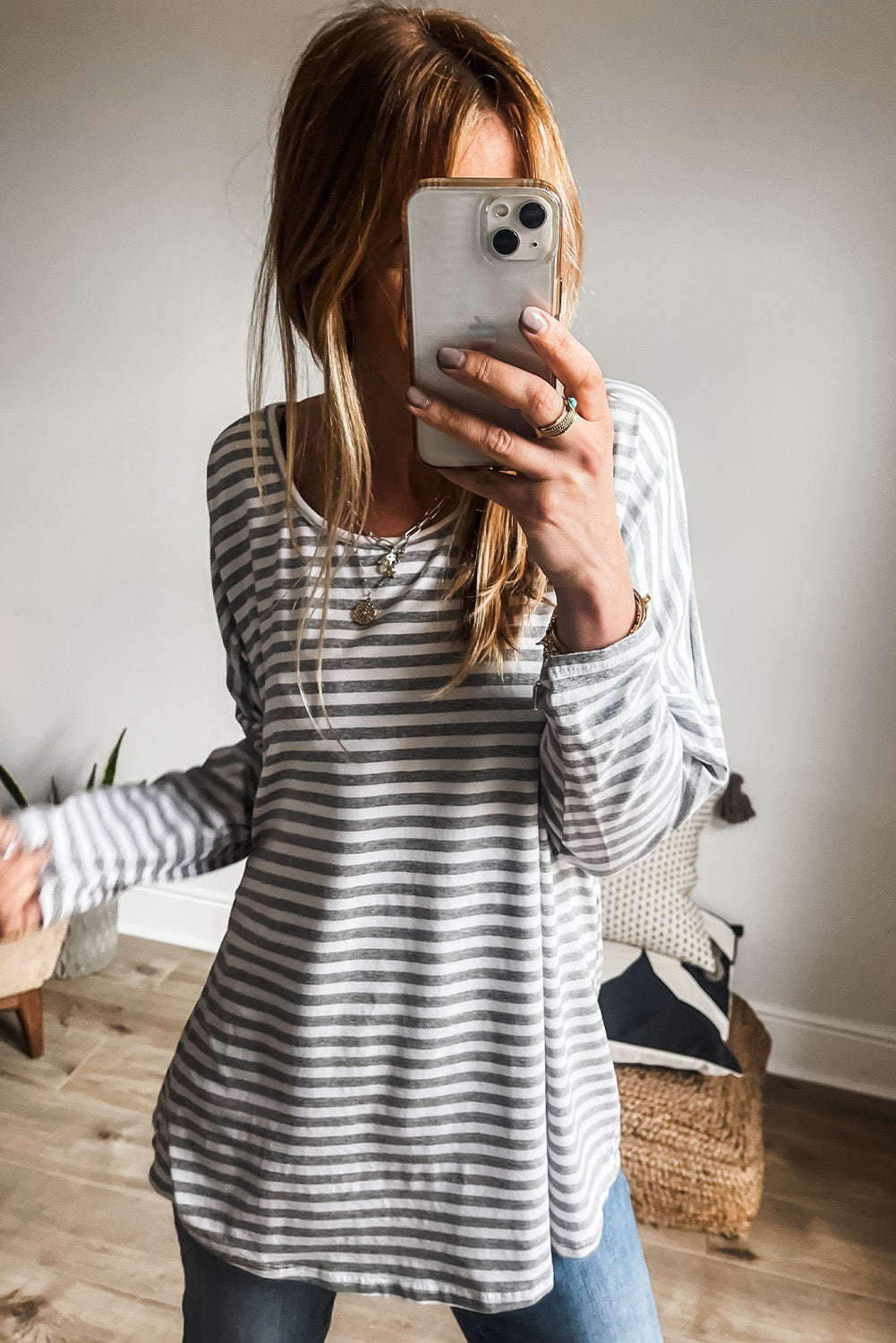 Gray Stripe Drop Sleeve Round Neck Oversized Long Sleeve Top