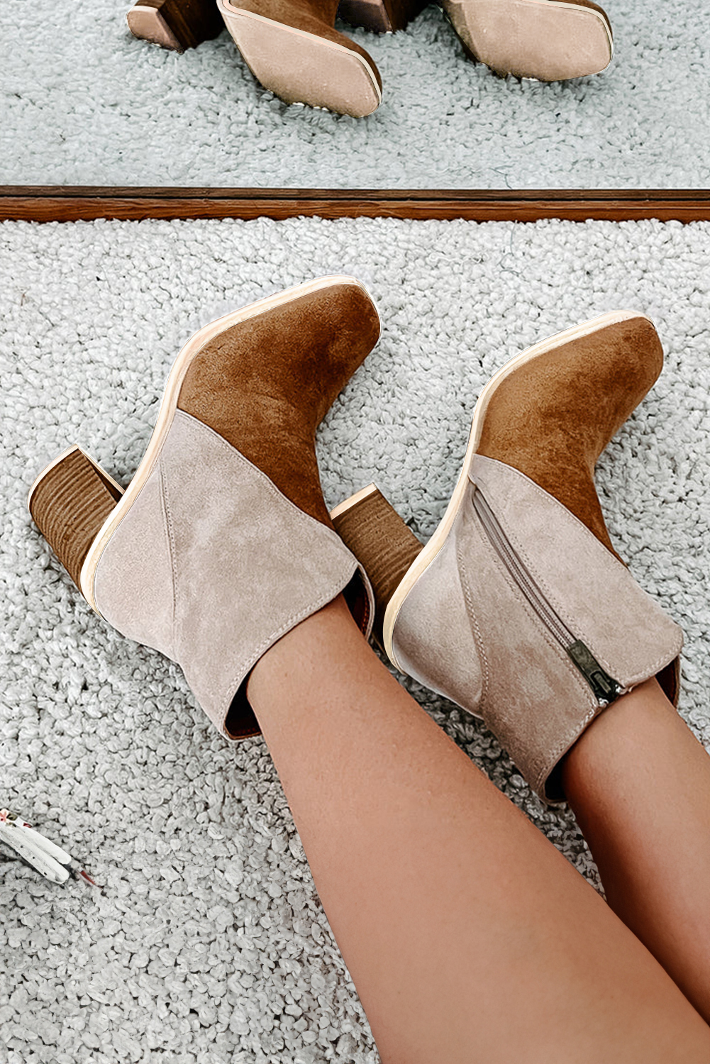 Camel Two Tone Faux Suede Square Toe Chunky Heel Boots