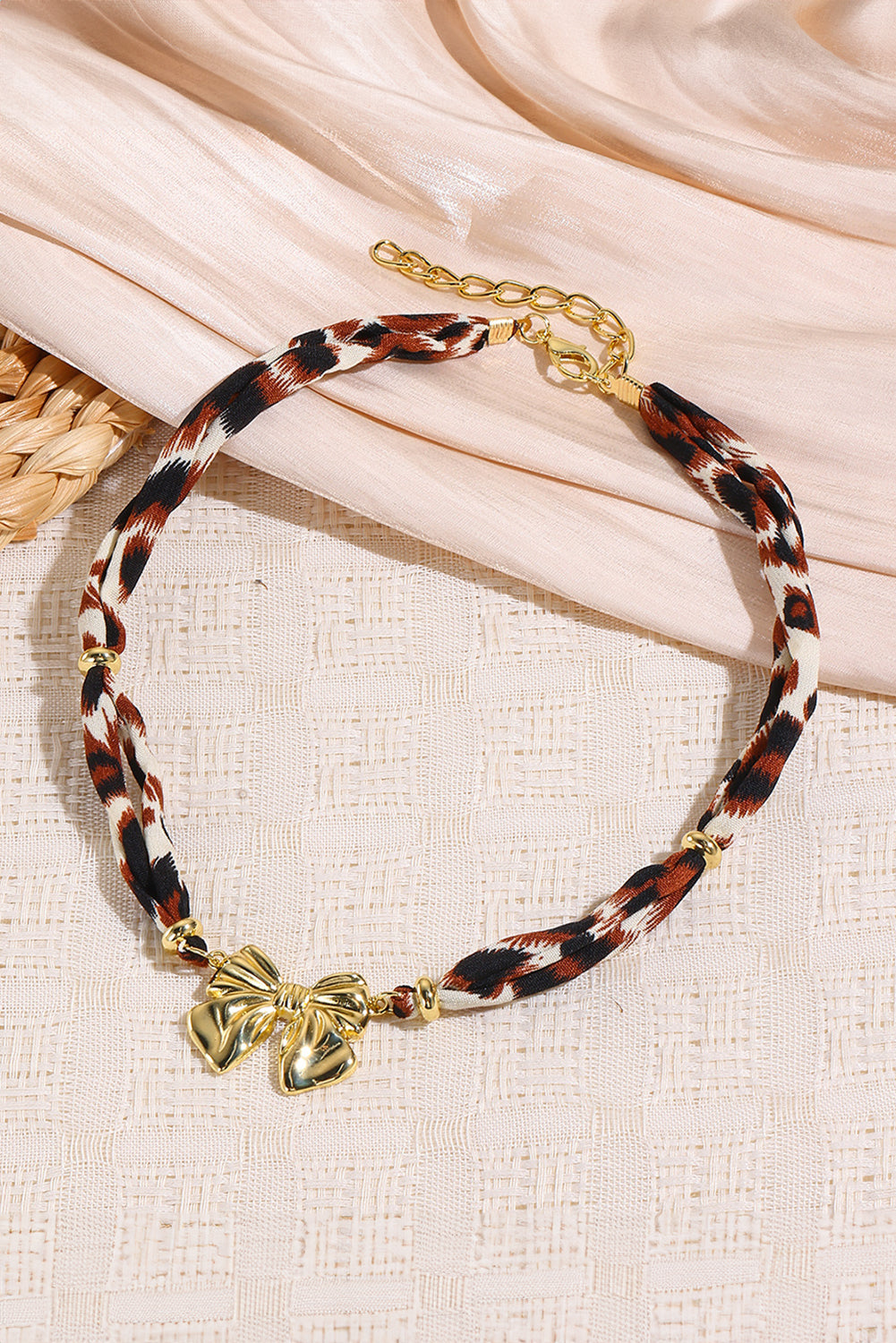 Gold Plated Bow Charm Leopard Ribbon Necklace