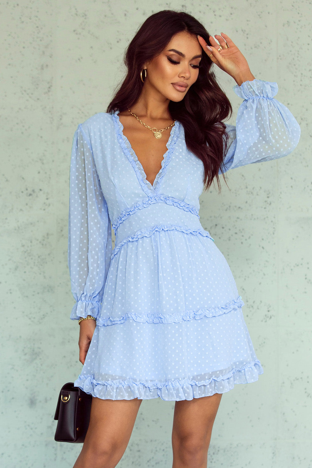 Sky Blue Layered Ruffled Open Back Puff Sleeve Swiss Dot Mini Dress