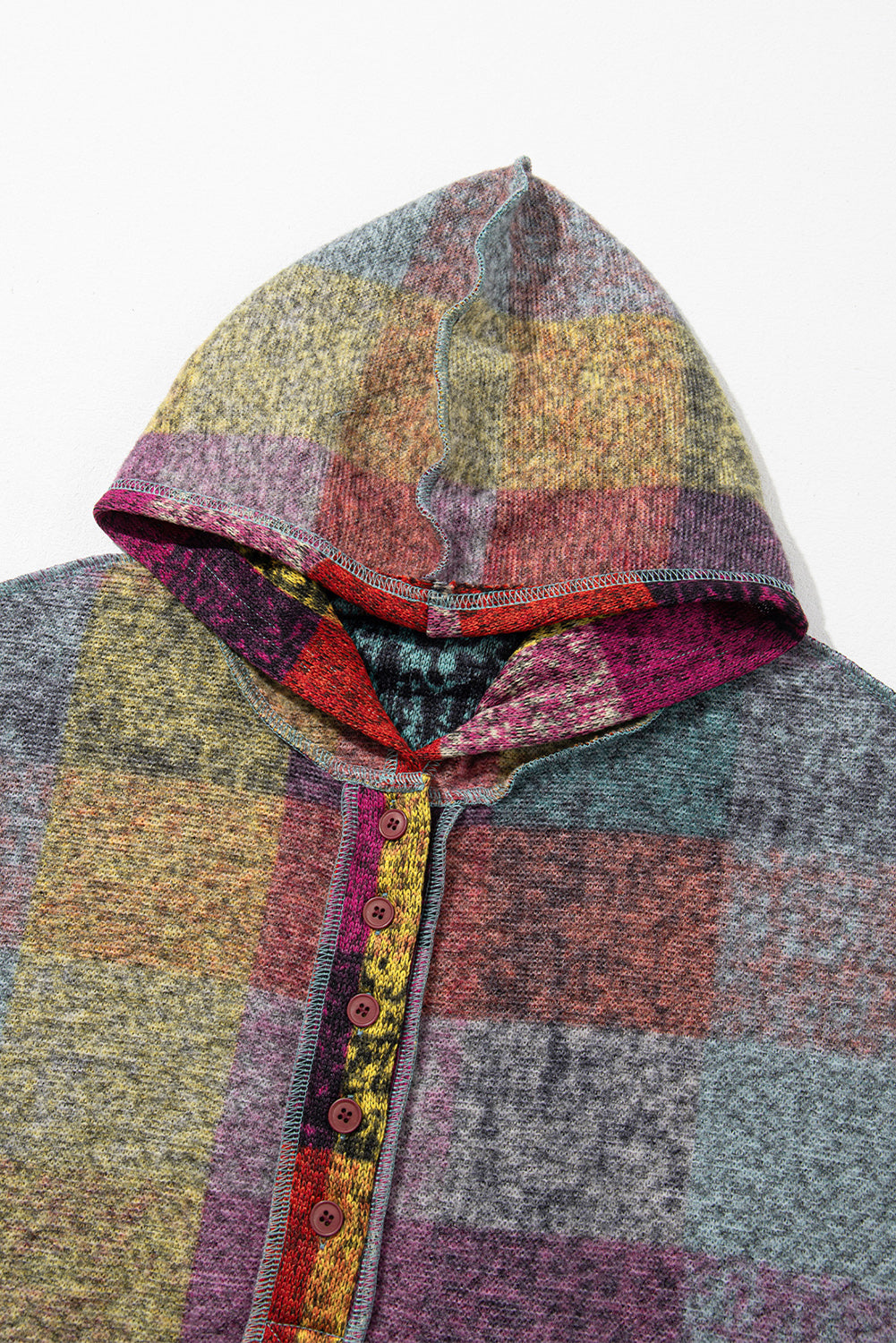 Multicolor Brushed Plaid Buttoned Pullover Oversized Hoodie