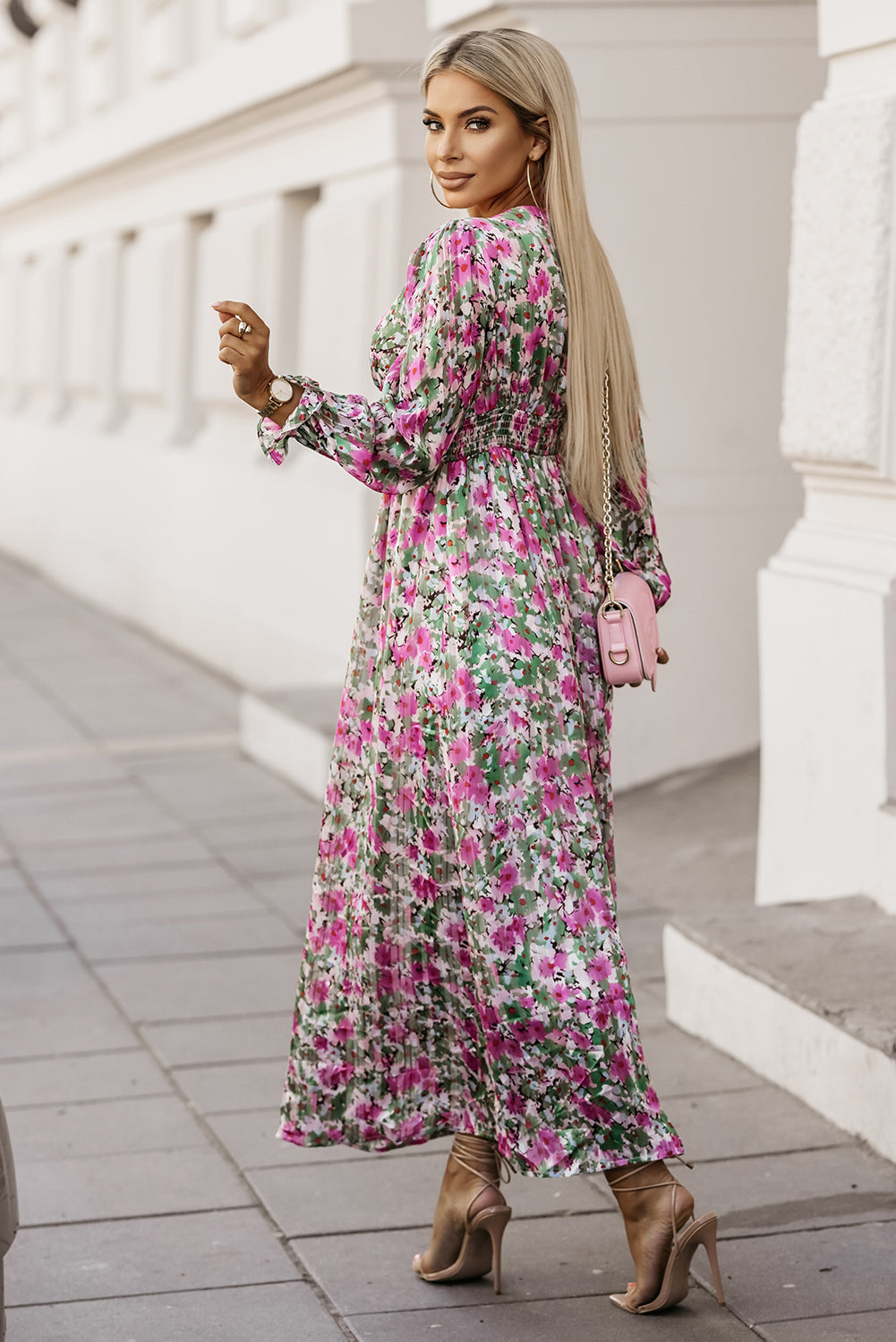 Green Floral Print Deep V Neck Ruched Cinched Waist Maxi Dress