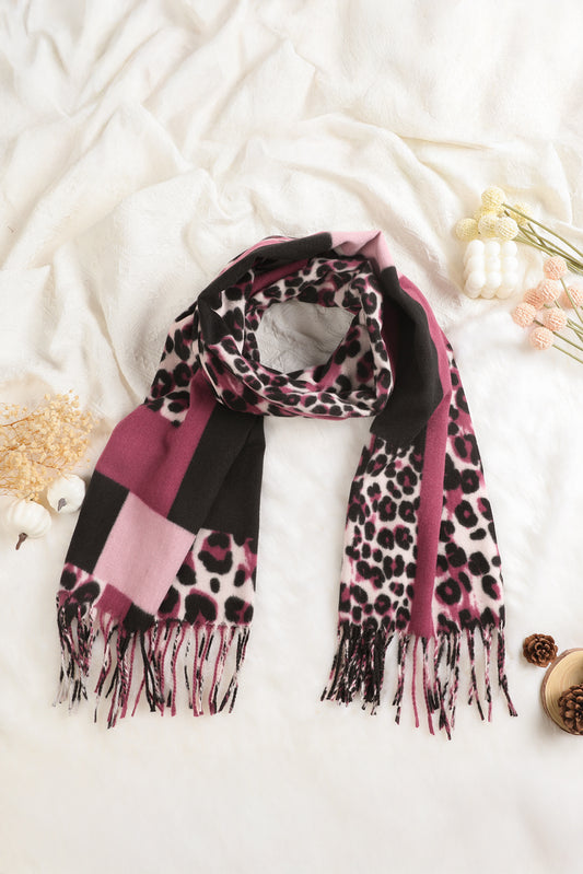 Rose Red Leopard Color Block Print Tassel Trim Terylene Scarf