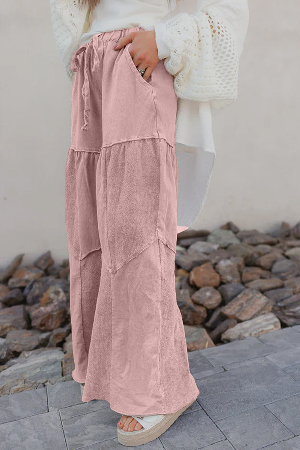 Straw Yellow Mineral Wash Tiered Wide Leg Patchwork Drawstring Pants