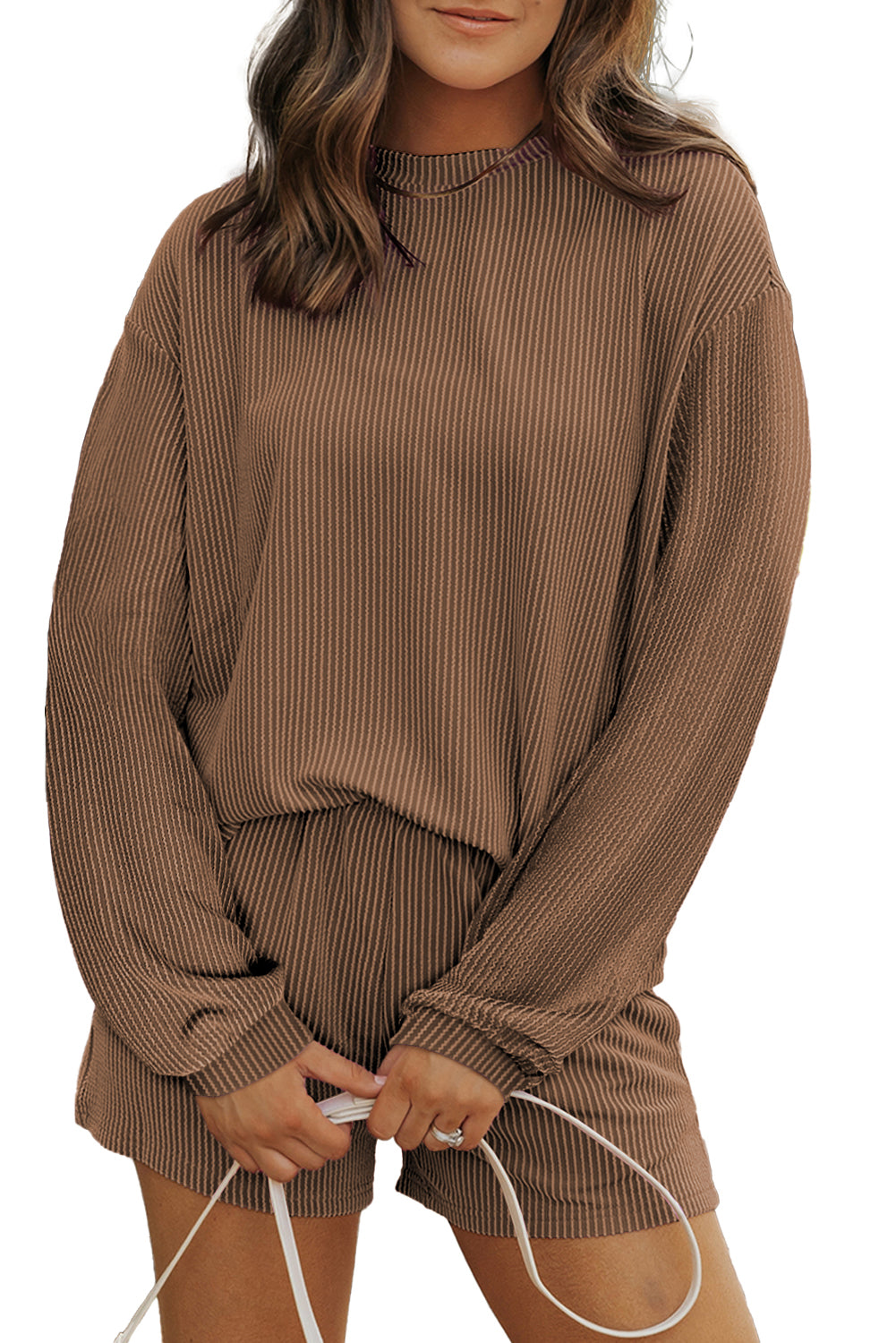 Chestnut Corded Knit Long Sleeve Top and High Waist Shorts Set